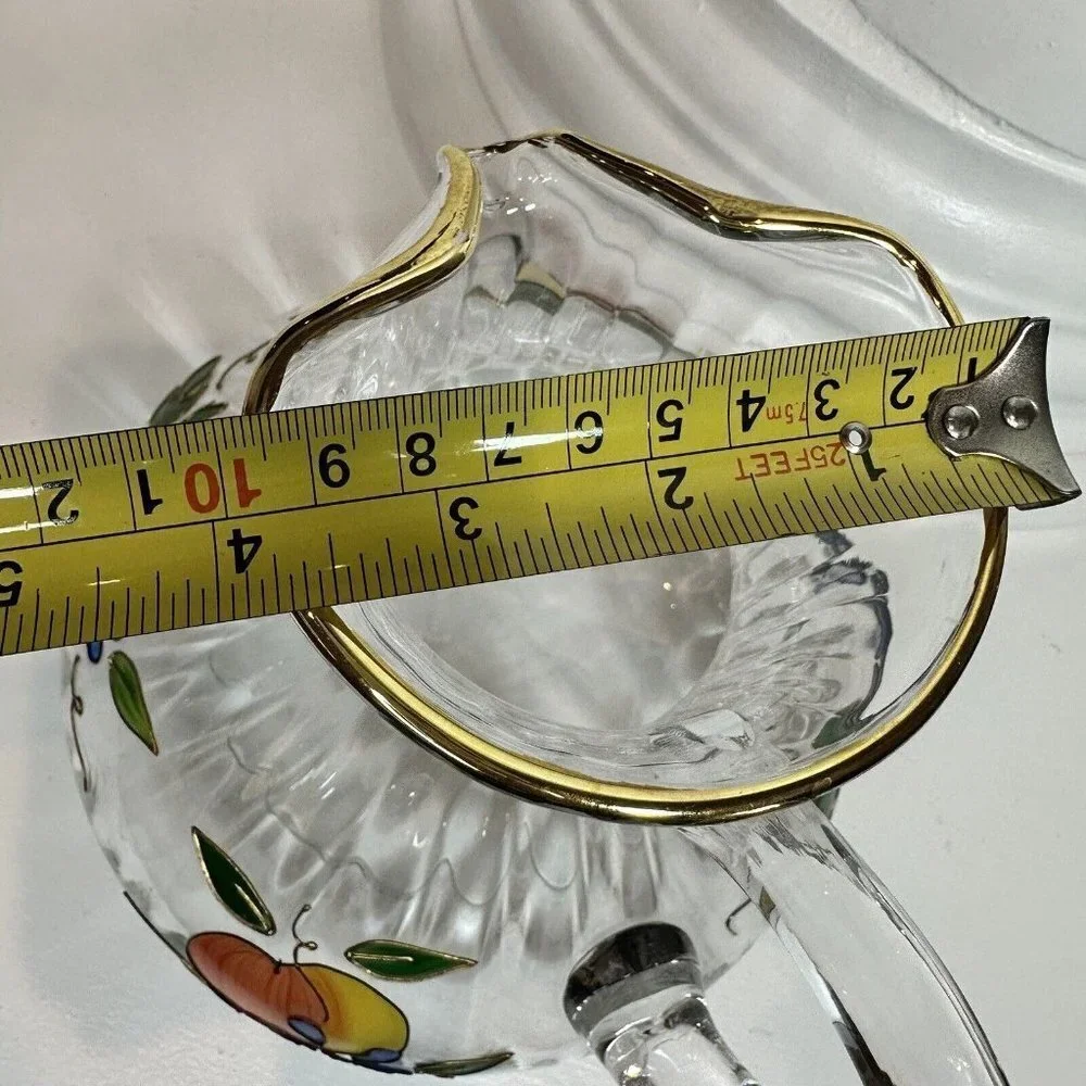 Crystal Clear Pitcher 8‎ Inch Ribbed Venetian Fruit 22K Gold Trim Romania 96 oz